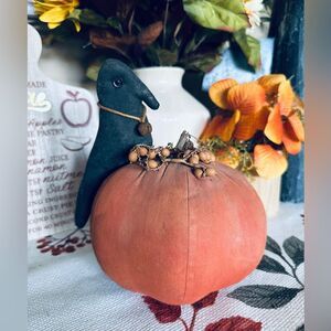 Vintage Rustic Primitive Shabby Chic Halloween Fall Pumpkin with Black Crow